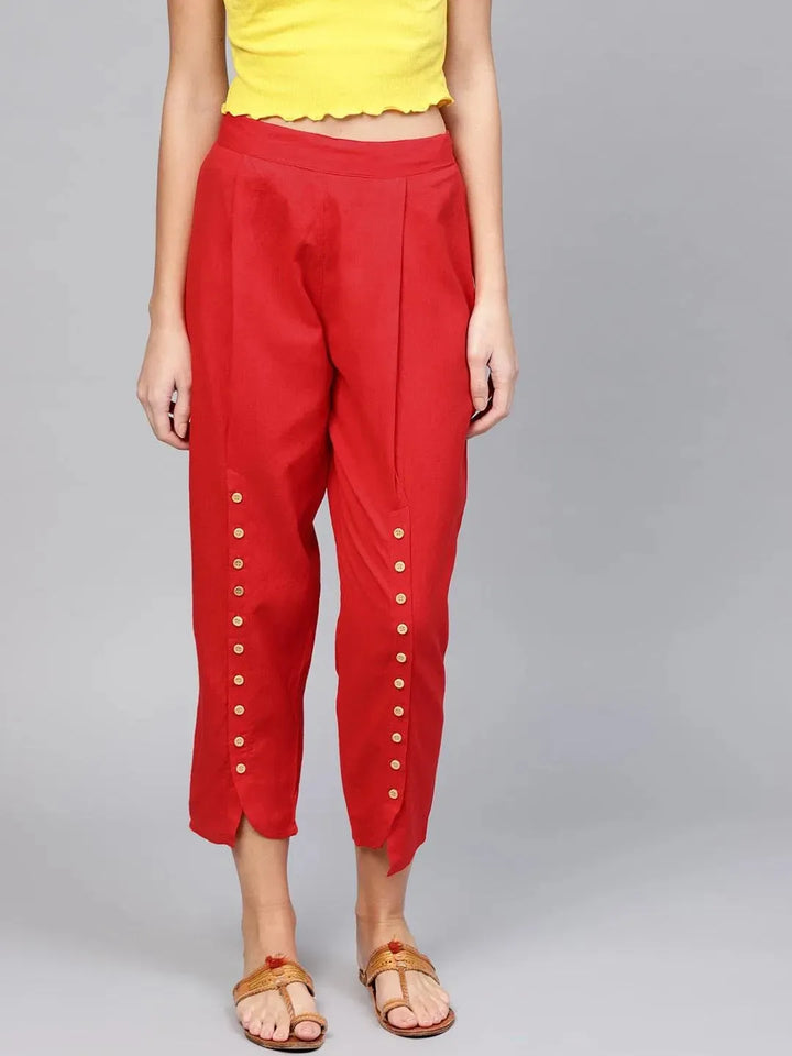 Red Solid Cotton Trousers - Libas