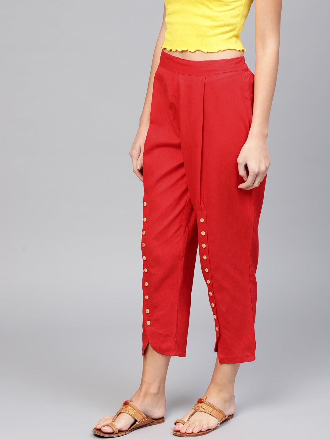 Red Solid Cotton Trousers - Libas