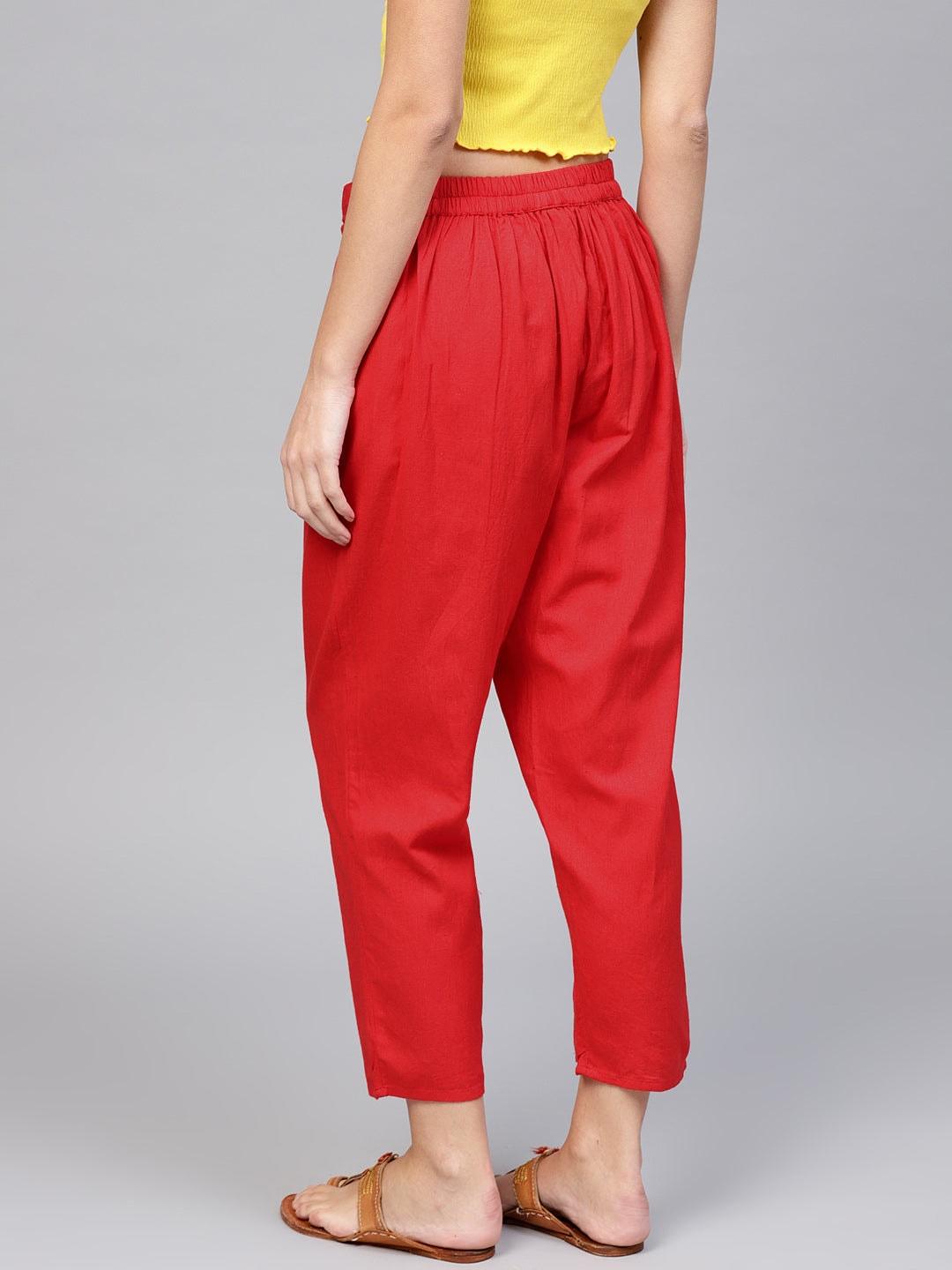 Red Solid Cotton Trousers