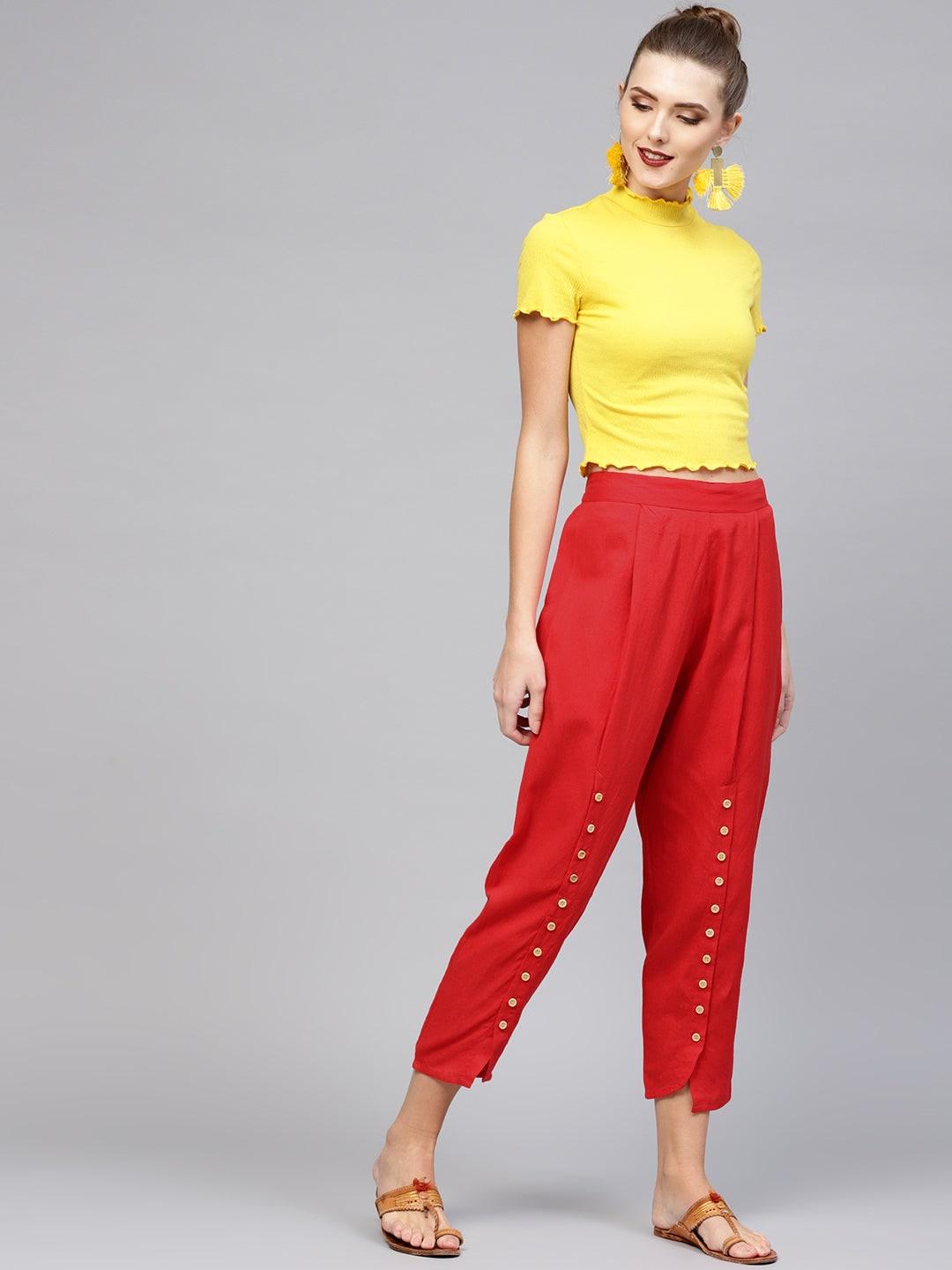 Red Solid Cotton Trousers