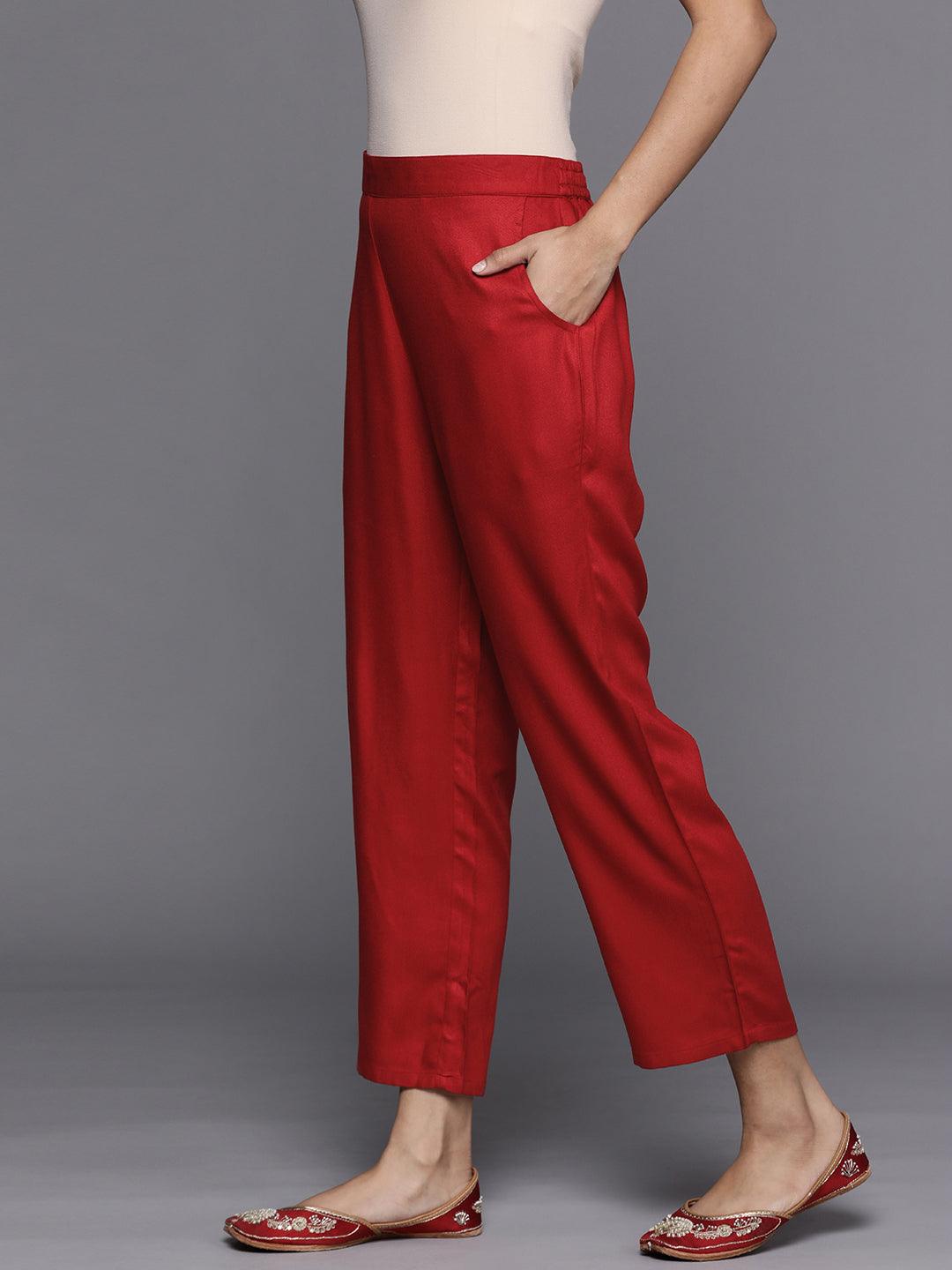 Red Solid Pashmina Wool Trousers - Libas