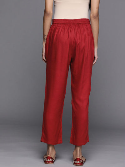 Red Solid Pashmina Wool Trousers - Libas