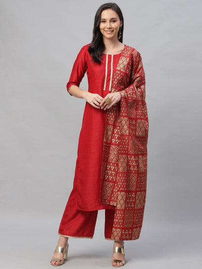 Red Solid Polyester Suit Set - Libas
