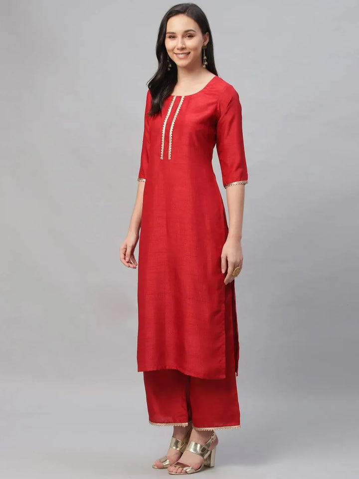 Red Solid Polyester Suit Set - Libas