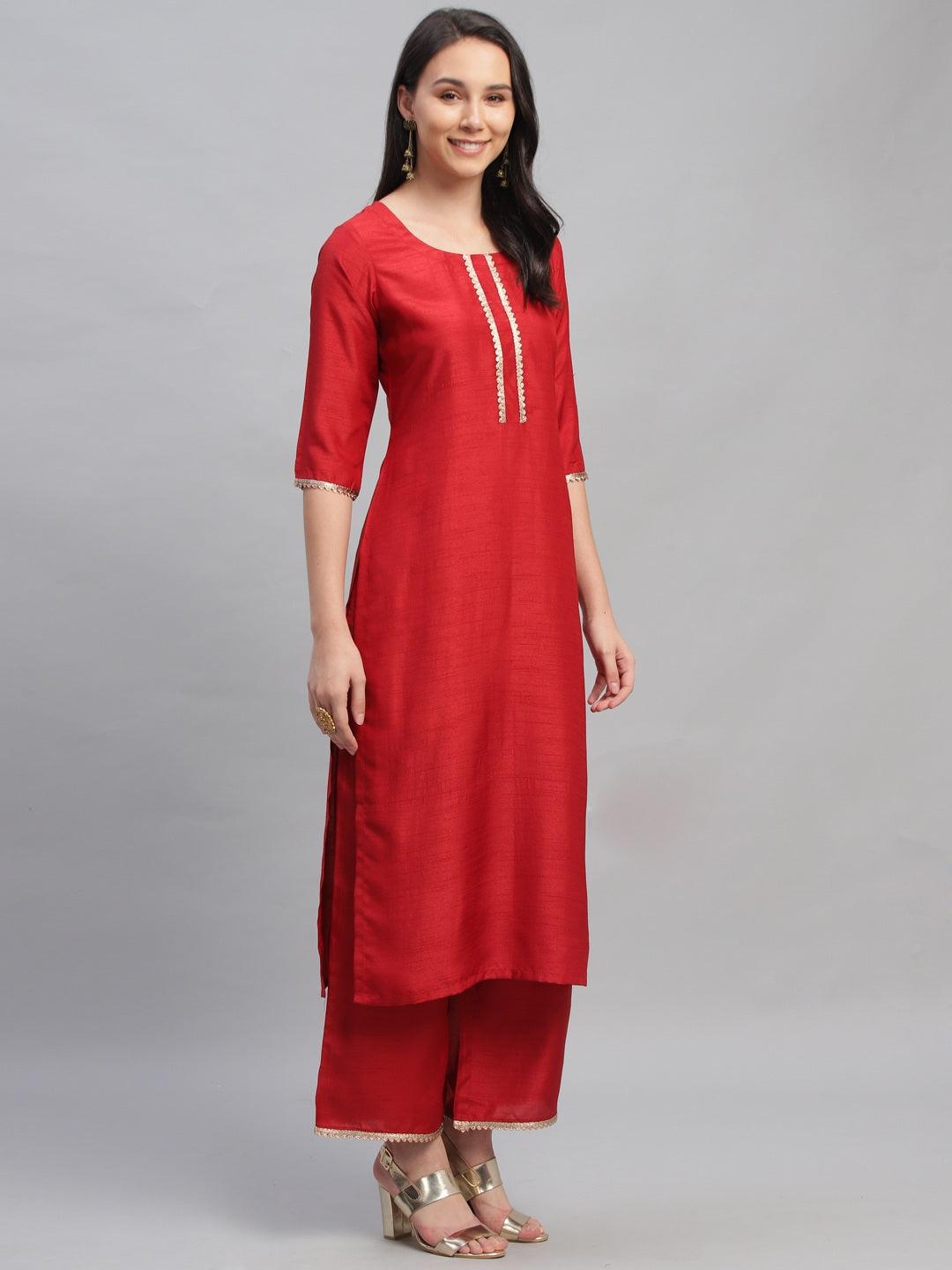 Red Solid Polyester Suit Set - Libas