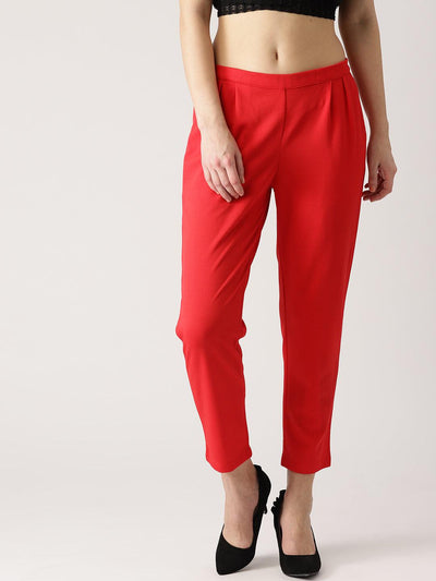 Red Solid Polyester Trousers - Libas
