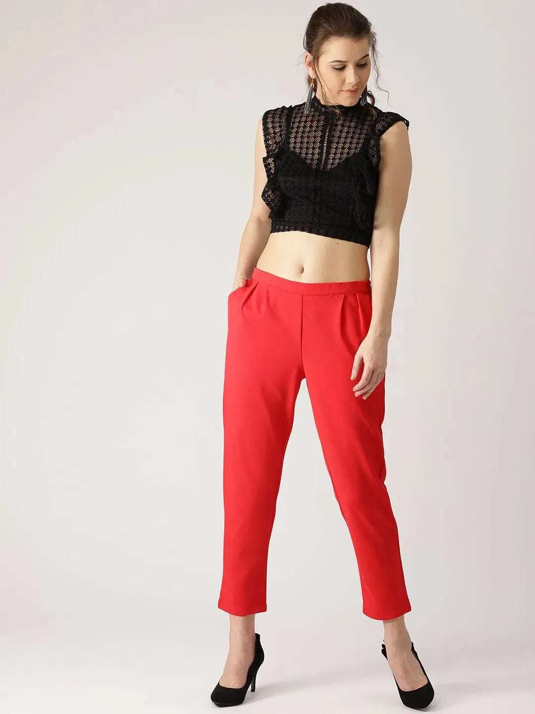 Red Solid Polyester Trousers - Libas 