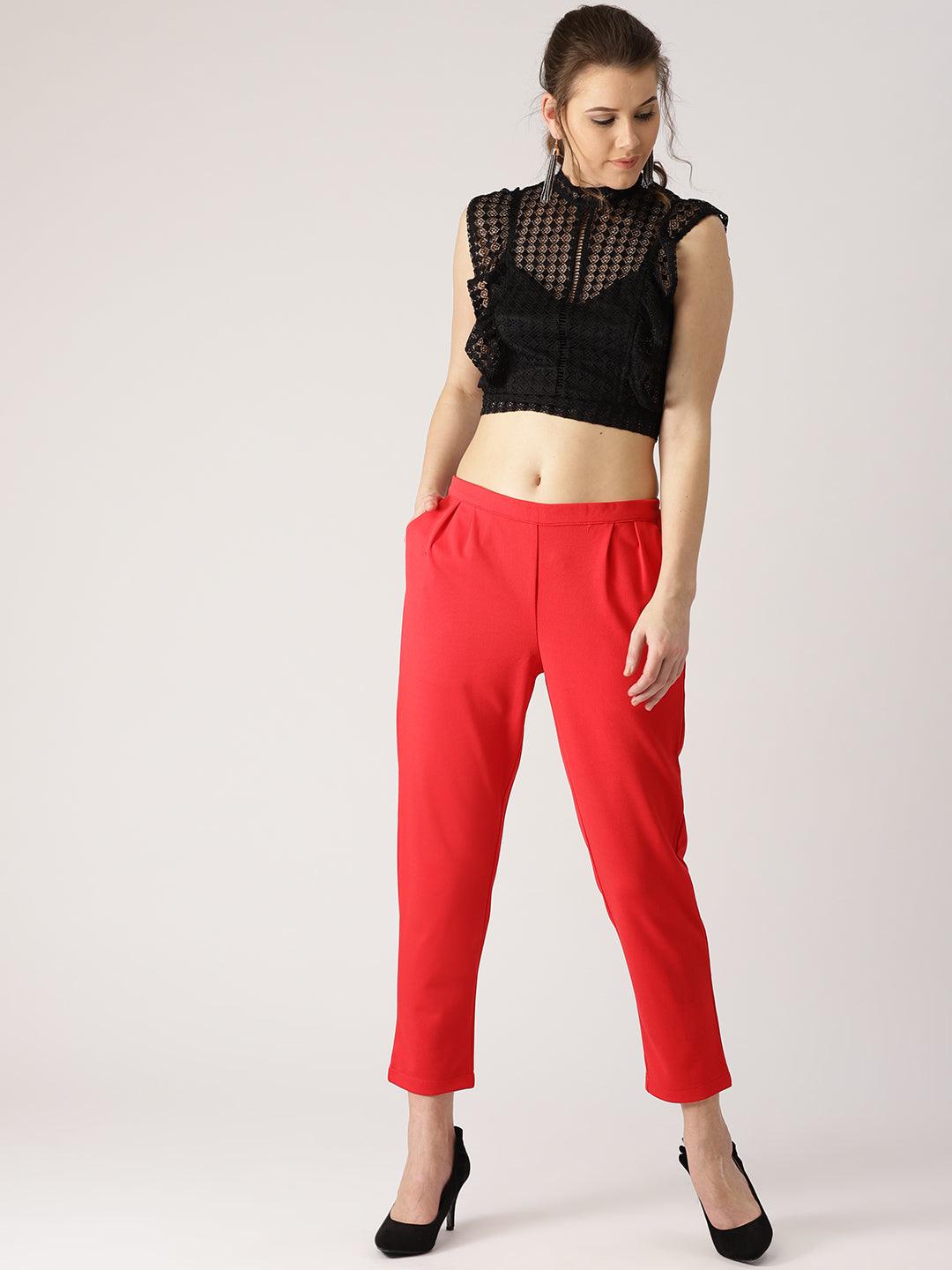 Red Solid Polyester Trousers - Libas