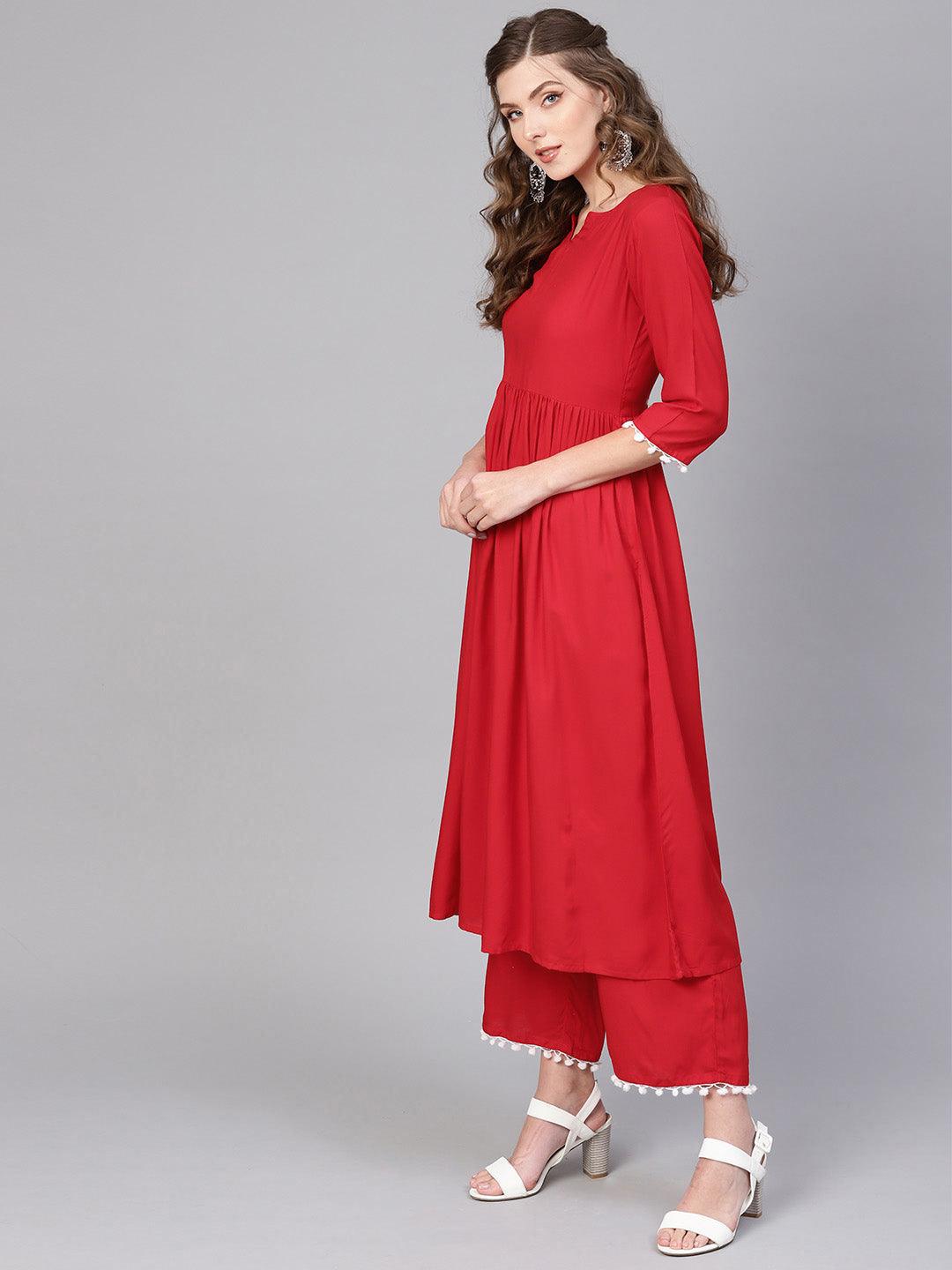 Red Solid Rayon Suit Set - Libas