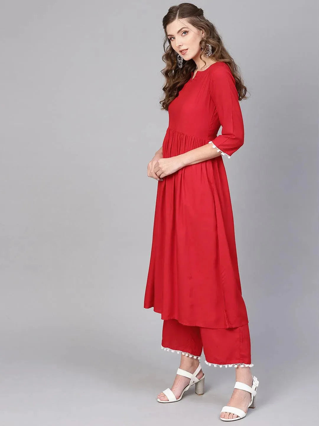

Red Solid Rayon A-Line Kurta With Palazzos & Dupatta