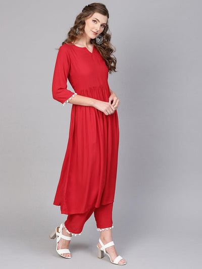 Red Solid Rayon Suit Set - Libas