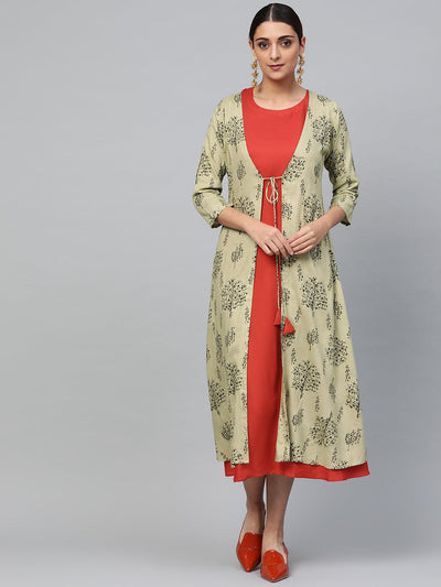 Red Solid Rayon Dress With Shrug - Libas