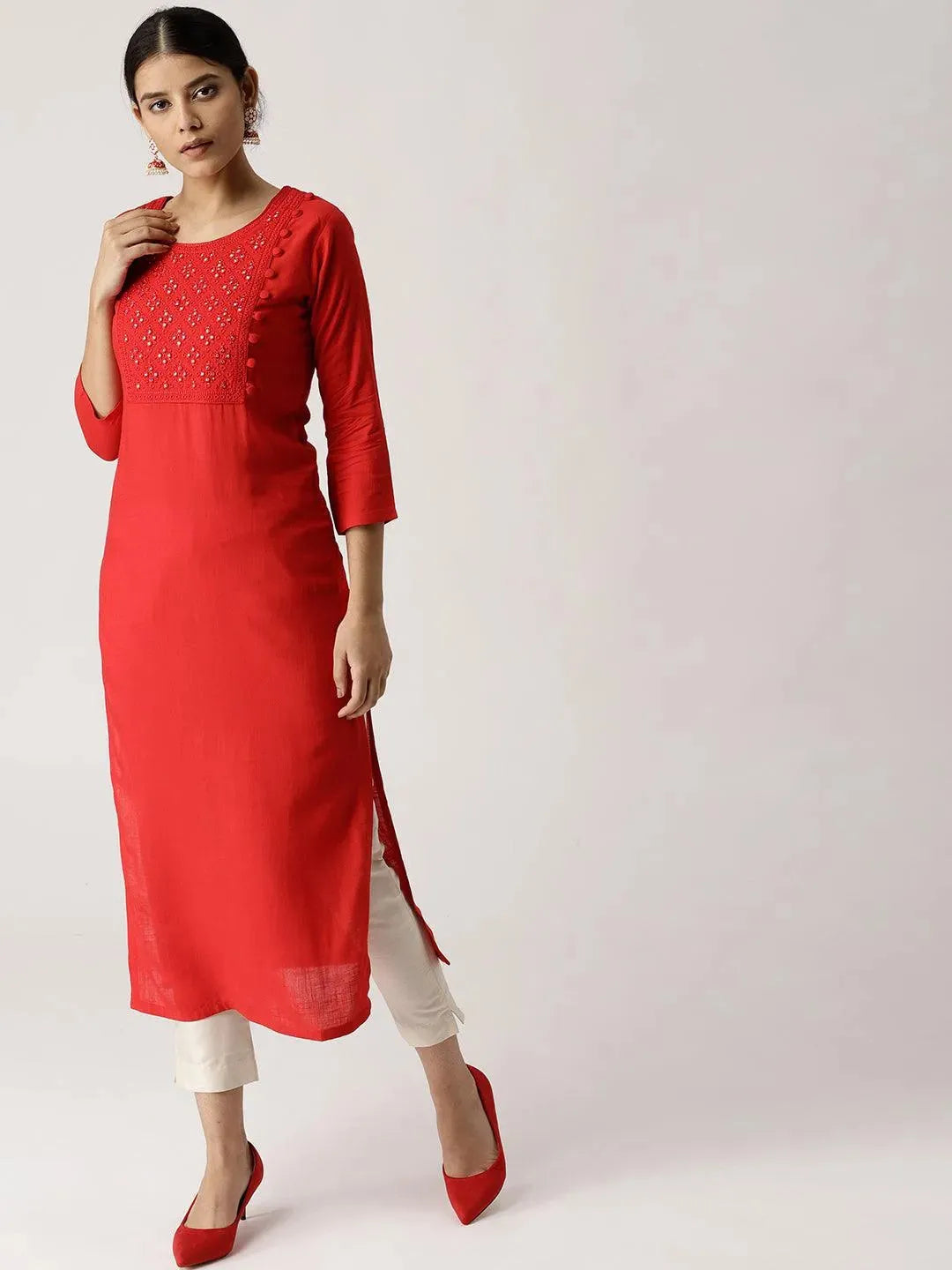 Red Solid Rayon Kurta - Libas