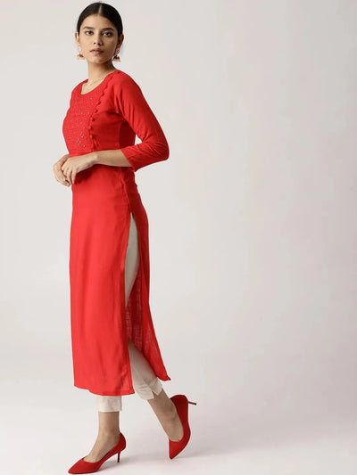 Red Solid Rayon Kurta - Libas