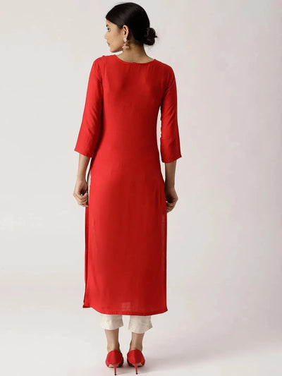 Red Solid Rayon Kurta - Libas