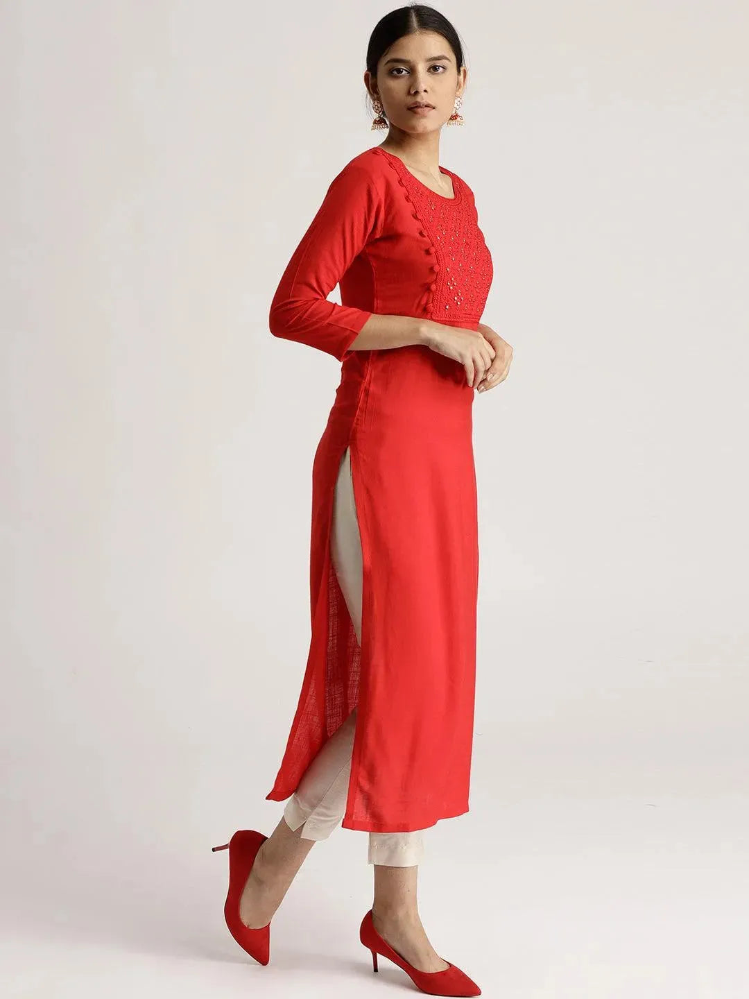 Red Solid Rayon Kurta - Libas