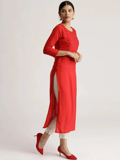 Red Solid Rayon Kurta - Libas