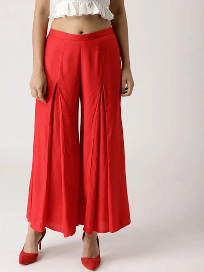 Red Solid Rayon Palazzos - Libas