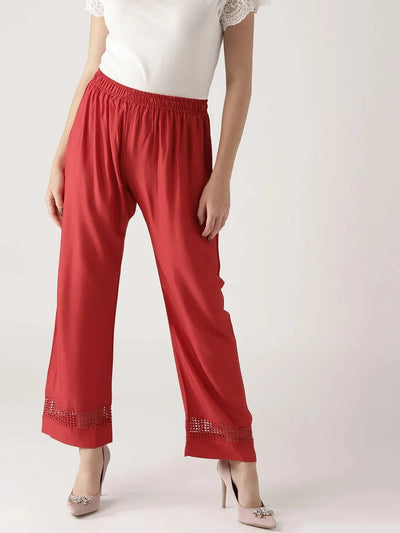 Red Solid Rayon Palazzos - Libas