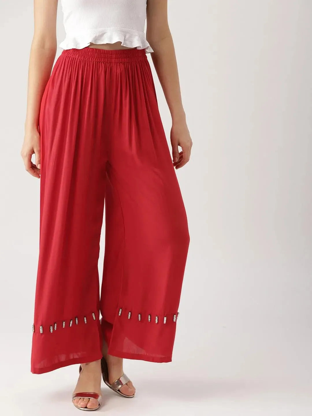 Red Solid Rayon Palazzos - Libas