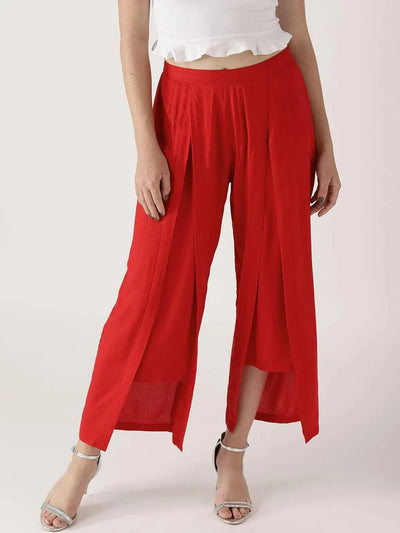 Red Solid Rayon Palazzos - Libas