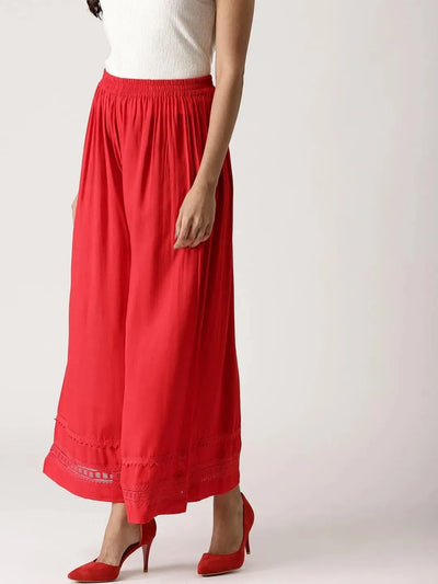 Red Solid Rayon Palazzos - Libas