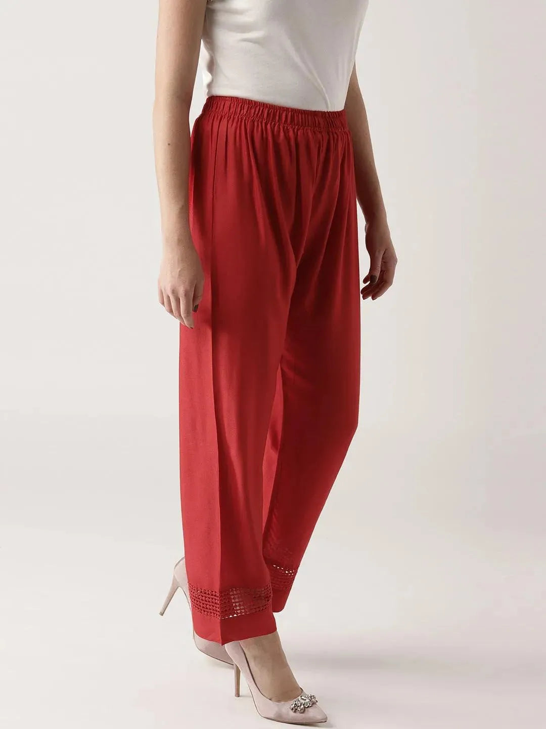 Red Solid Rayon Palazzos - Libas