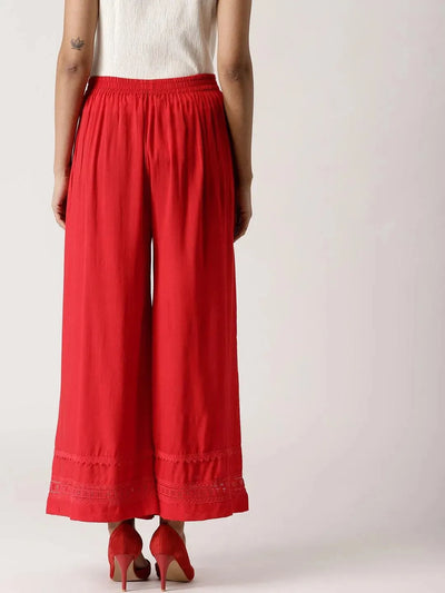 Red Solid Rayon Palazzos - Libas