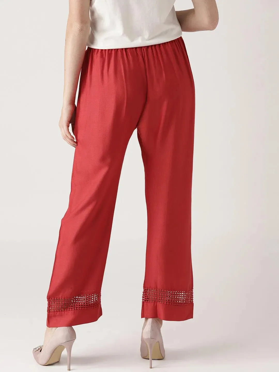 Red Solid Rayon Palazzos - Libas