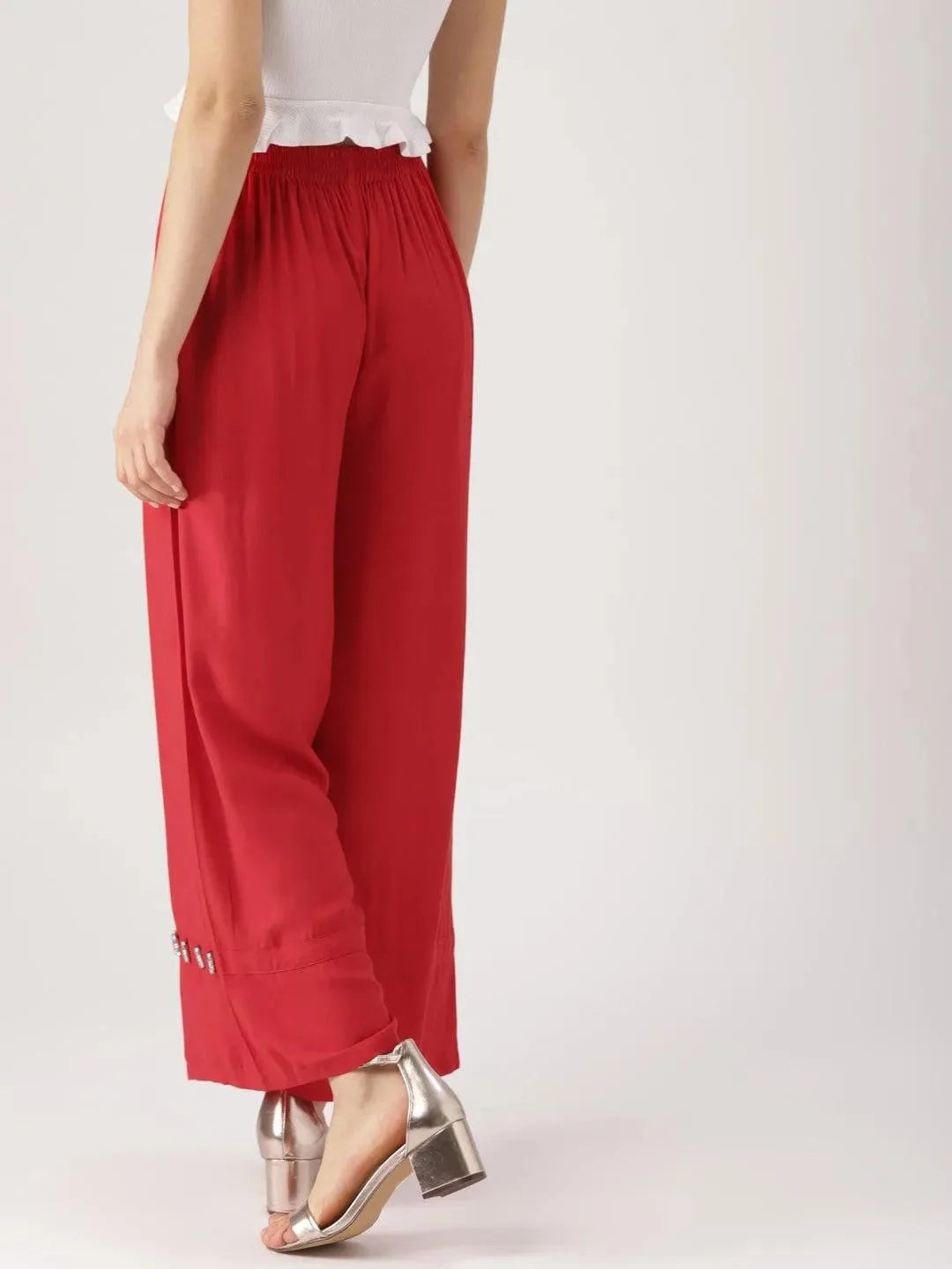 Red Solid Rayon Palazzos - Libas