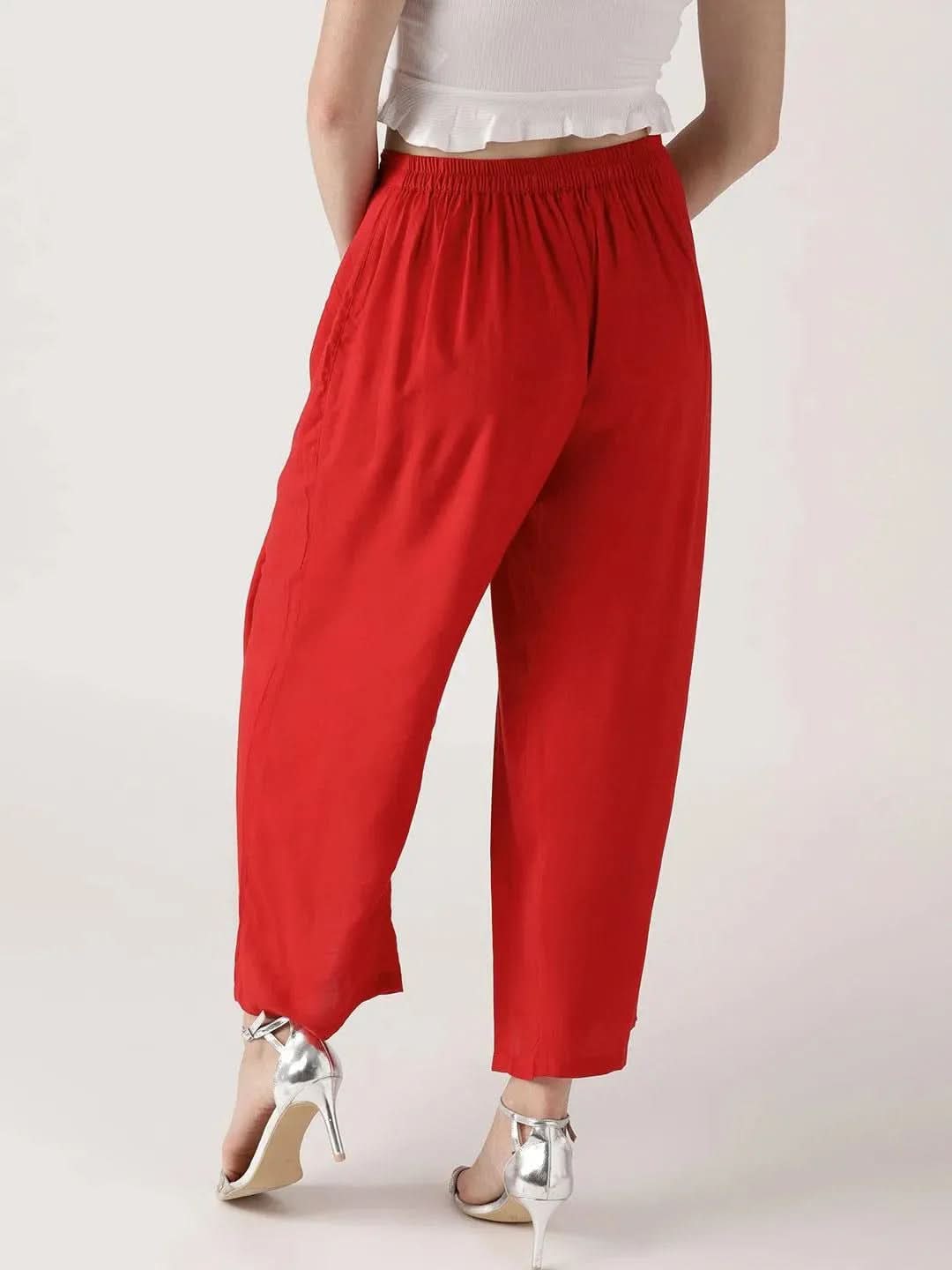 Red Solid Rayon Palazzos - Libas 