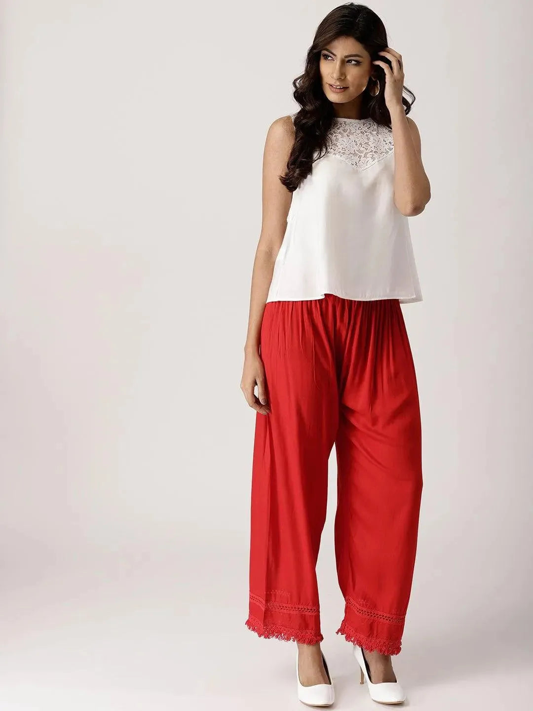 Red Solid Rayon Palazzos - Libas