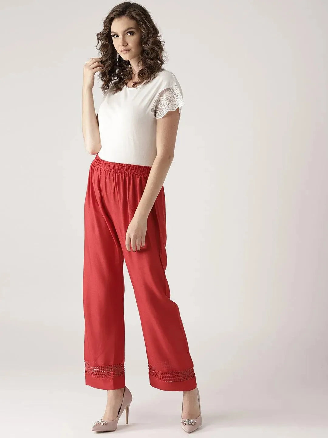 Red Solid Rayon Palazzos - Libas