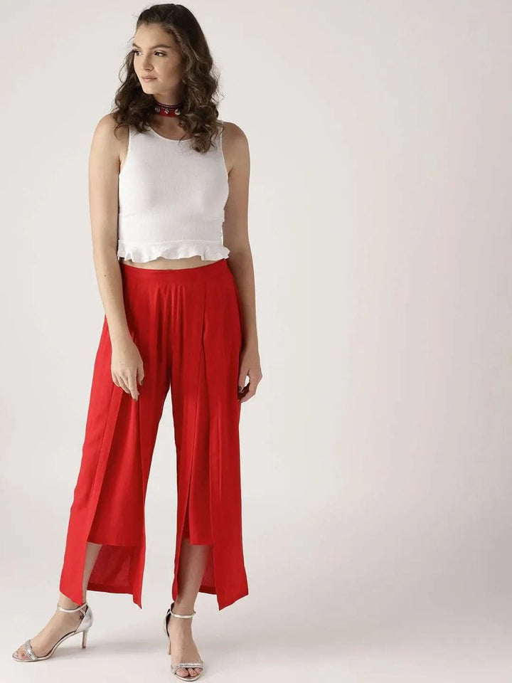 Red Solid Rayon Palazzos - Libas