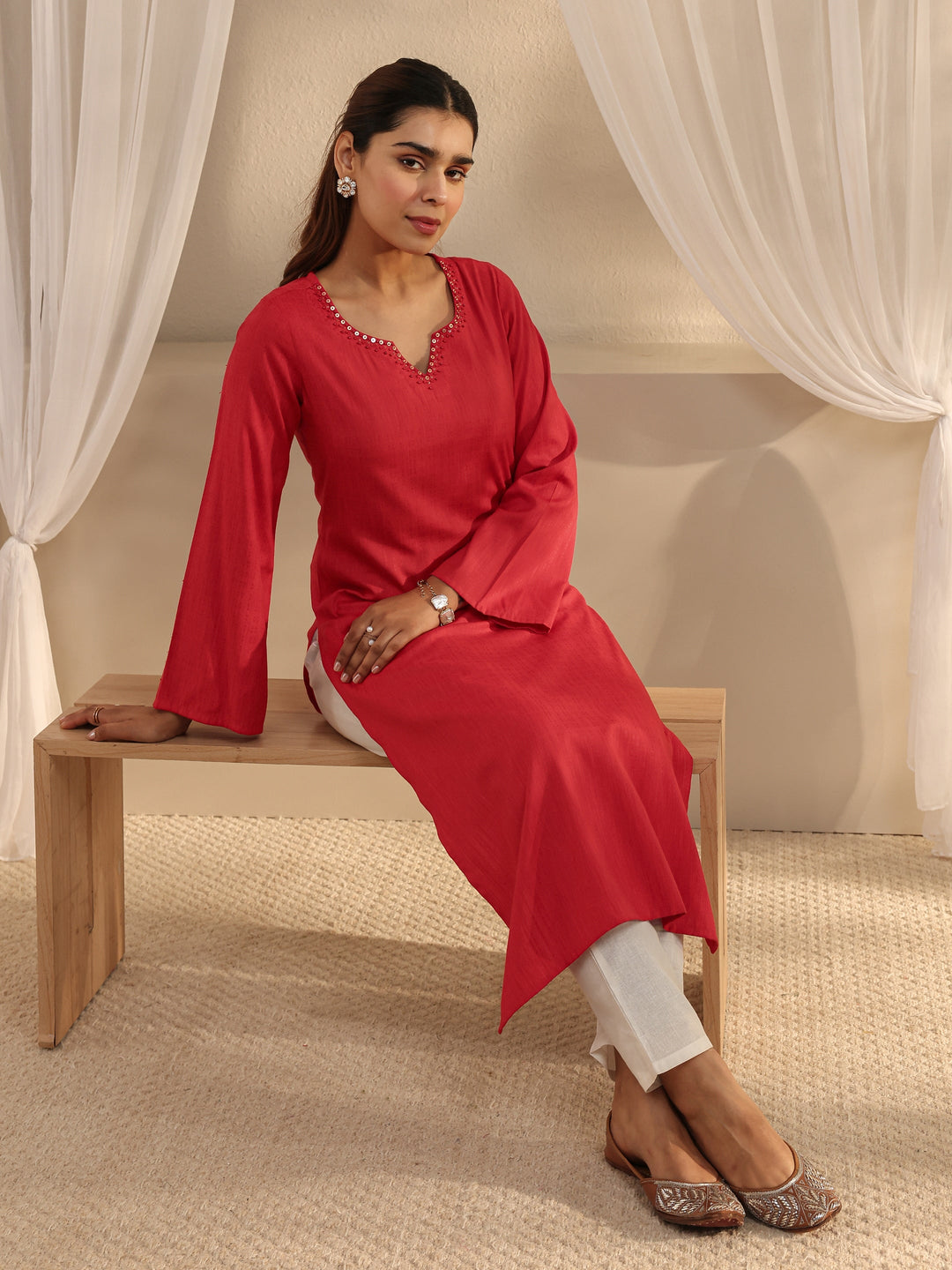  Red Solid Rayon Straight Kurta 