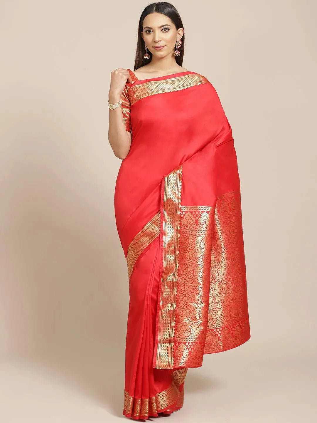 Red Solid Silk Blend Saree - Libas