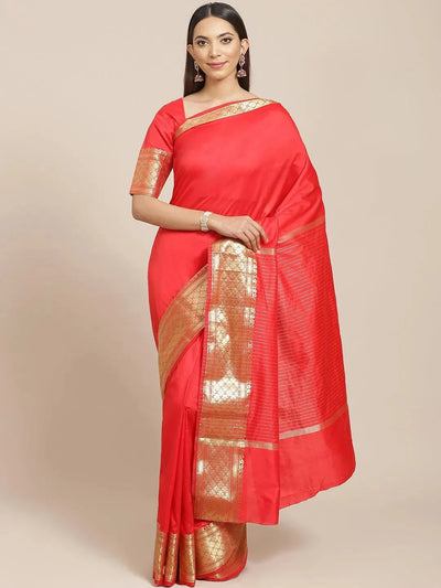 Red Solid Silk Blend Saree - Libas