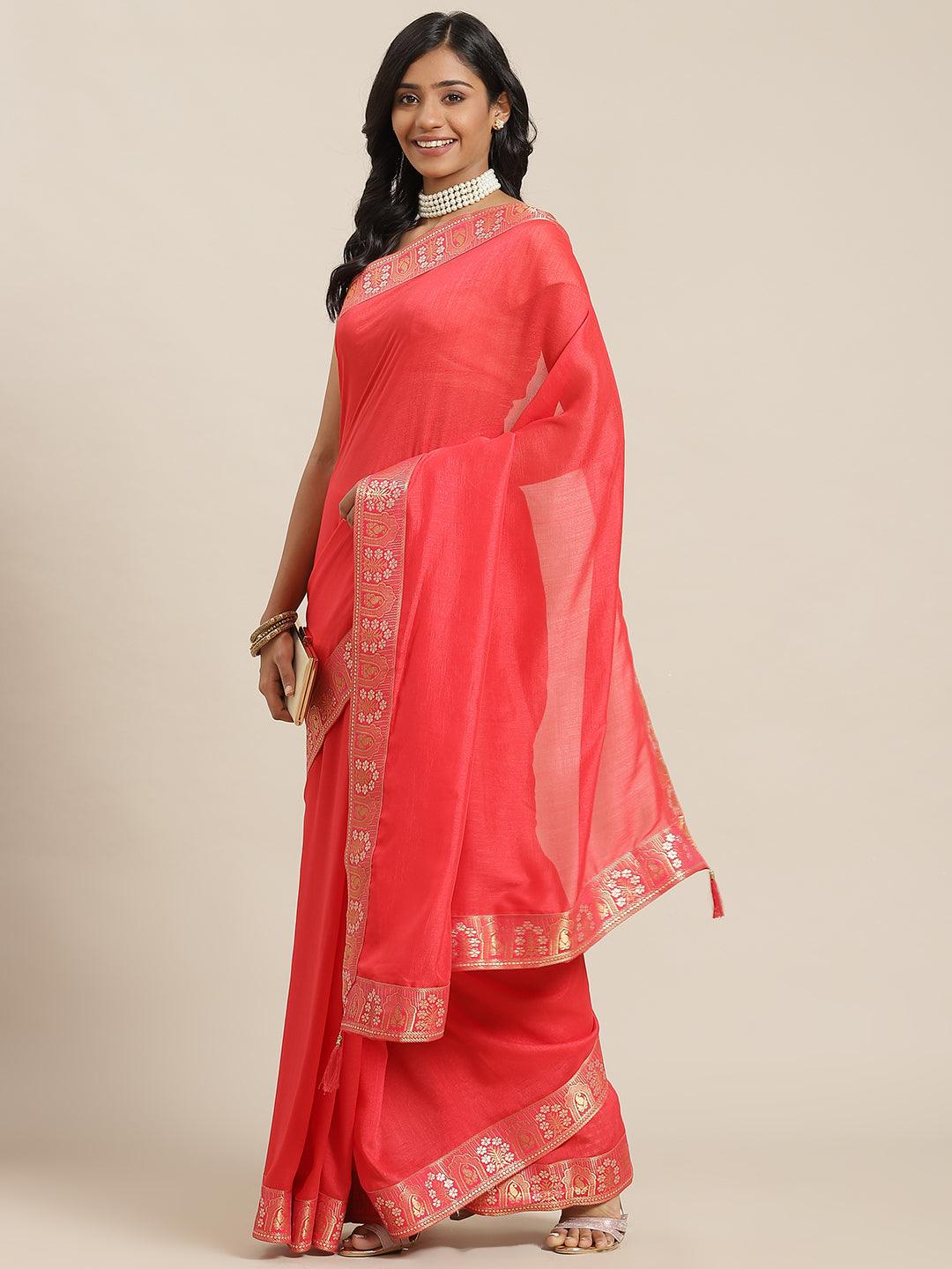 Red Solid Silk Blend Saree