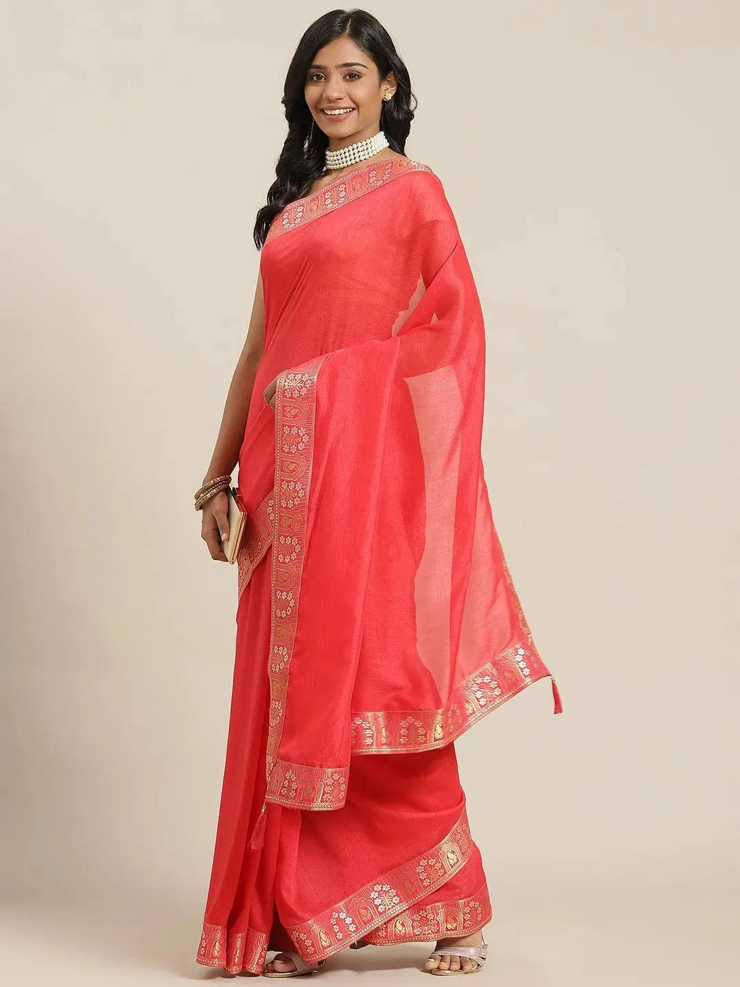 Red Solid Silk Blend Saree - Libas