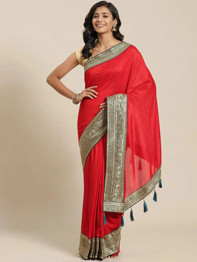 Red Solid Silk Blend Saree - Libas