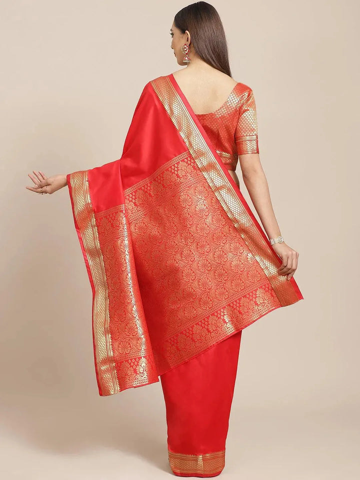 Red Solid Silk Blend Saree - Libas