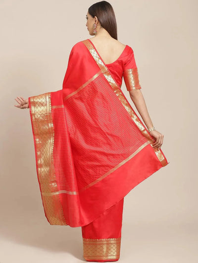 Red Solid Silk Blend Saree - Libas