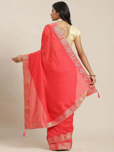 Red Solid Silk Blend Saree - Libas