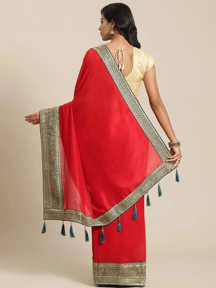 Red Solid Silk Blend Saree - Libas