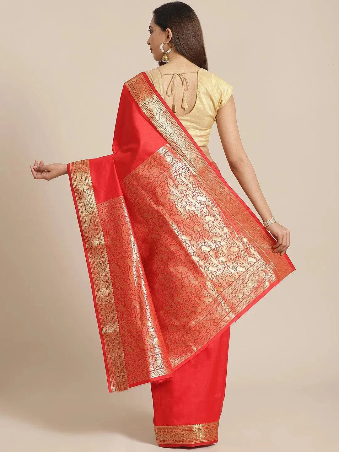 Red Solid Silk Blend Saree - Libas 