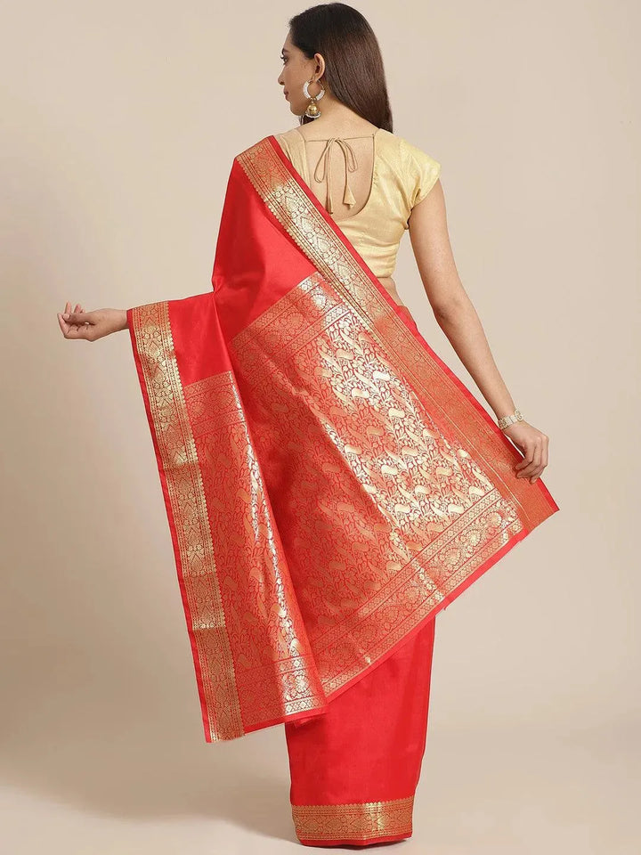 Red Solid Silk Blend Saree - Libas