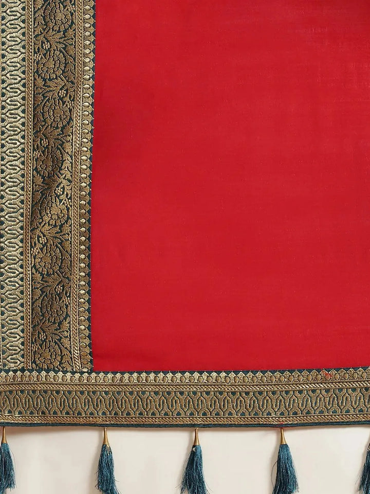 Red Solid Silk Blend Saree - Libas