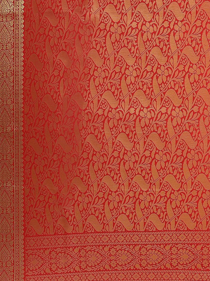 Red Solid Silk Blend Saree - Libas