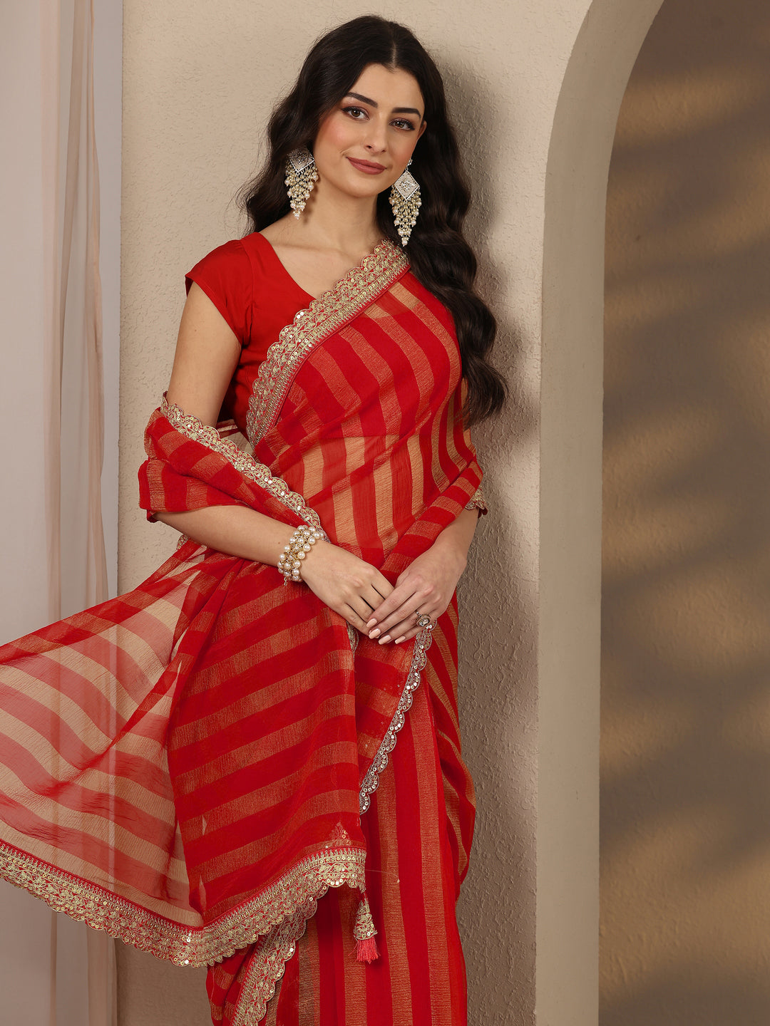  Red Striped Embellished Silk Blend Saree With Unstitched Blouse Piece 