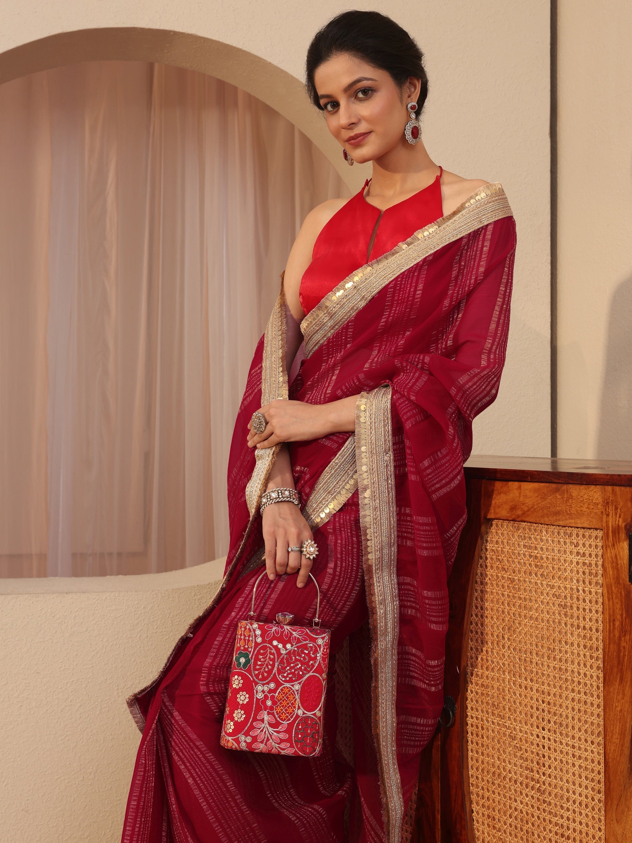 libas Red Striped Textured Chiffon Saree-picture-29